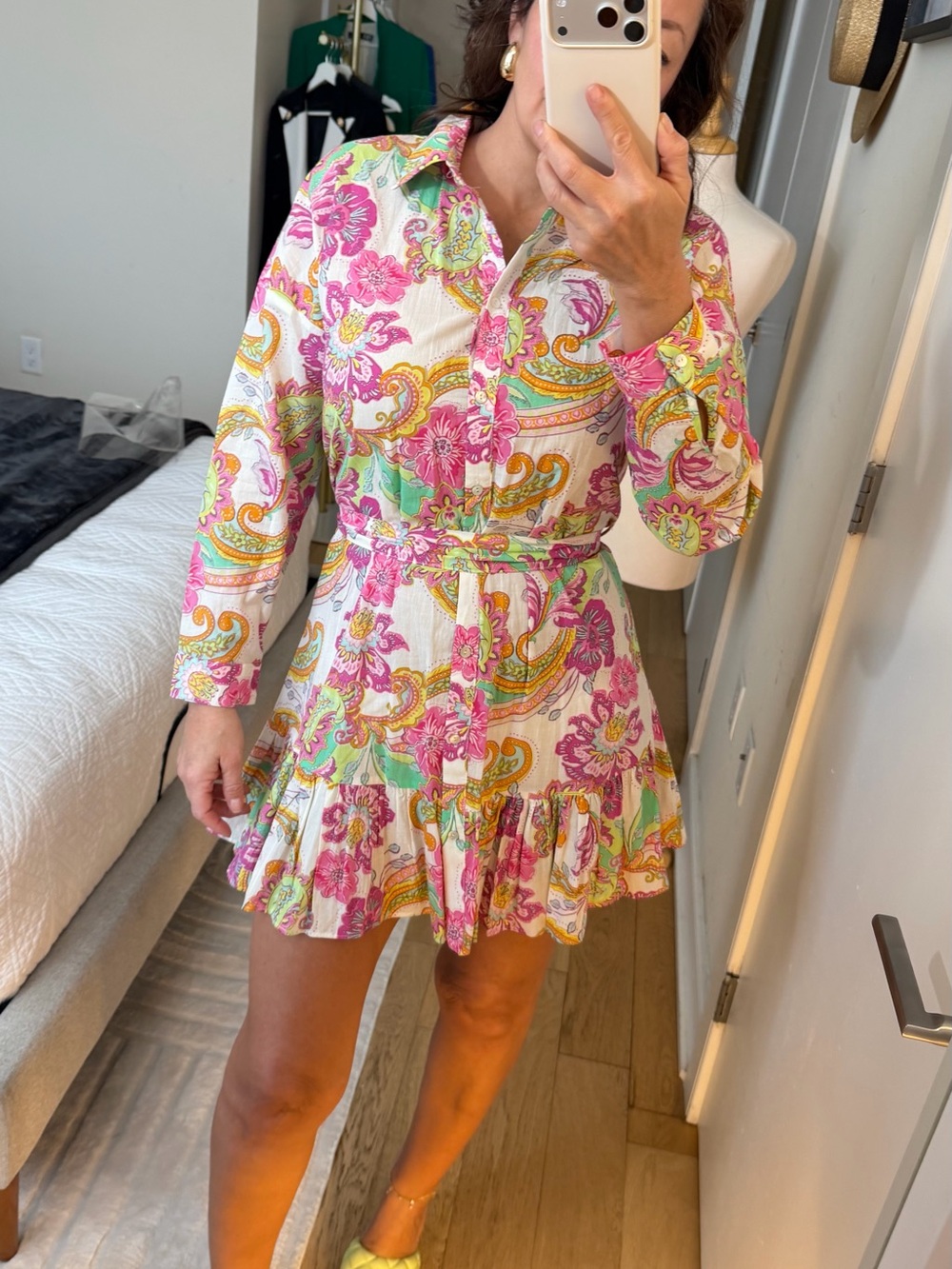 Zara Pink, Green & Yellow Paisley Button‑Front Mini Dress